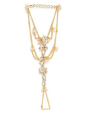 Traditional Gold Plated Kundan Pearl Hath Phool/Punja/Adjustable Chain Bracelet with Ring for Women 2