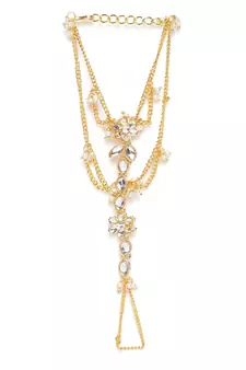 Traditional Gold Plated Kundan Pearl Hath Phool/Punja/Adjustable Chain Bracelet with Ring for Women