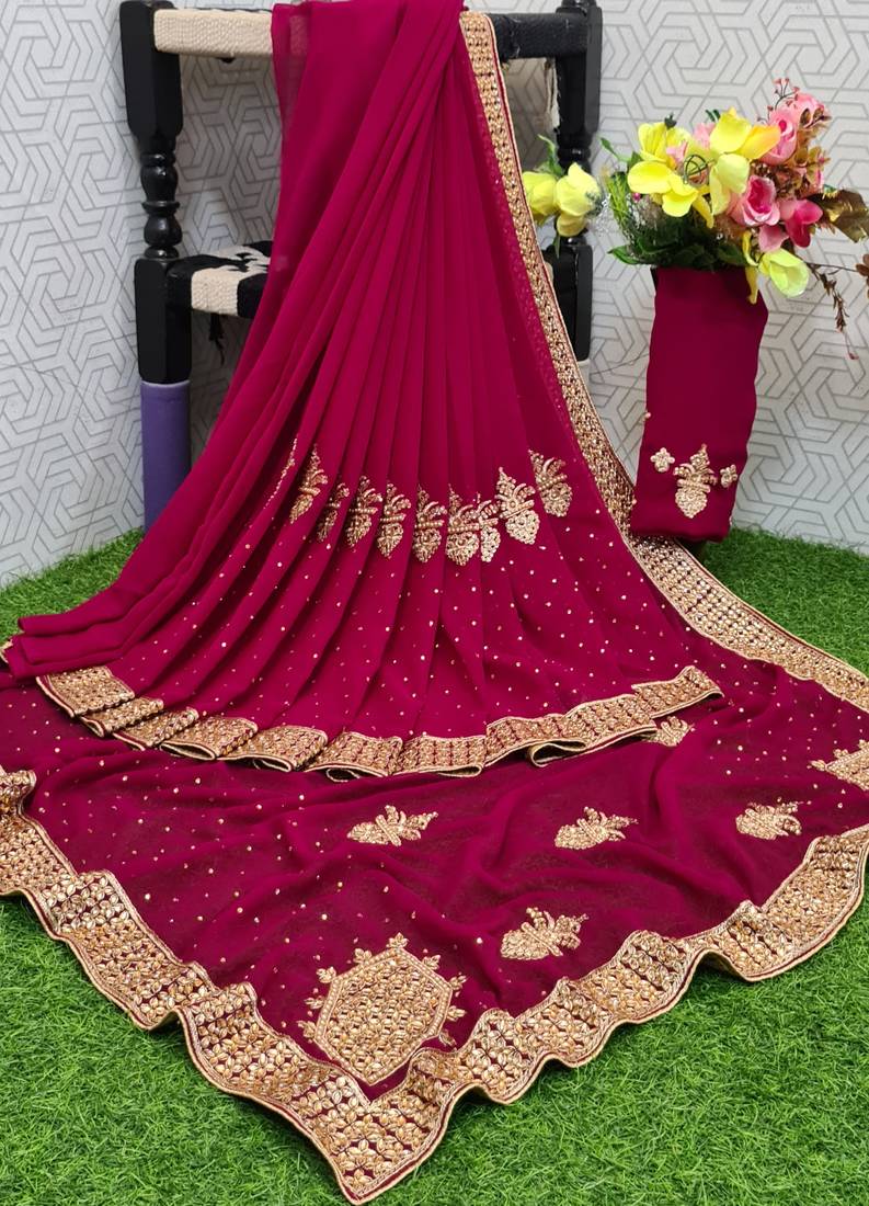 Wine Embroidery Georgette Saree With Blouse