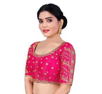 Womens Pink Silk Embroidered Work  Wedding Wear  Readymade Saree Blouse 2