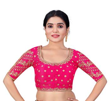 Womens Pink Silk Embroidered Work  Wedding Wear  Readymade Saree Blouse 1