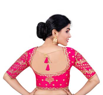 Womens Pink Silk Embroidered Work  Wedding Wear  Readymade Saree Blouse 3