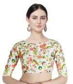 Womens Cotton Silk Cream Color Flower Print  Readymade  Saree Blouse