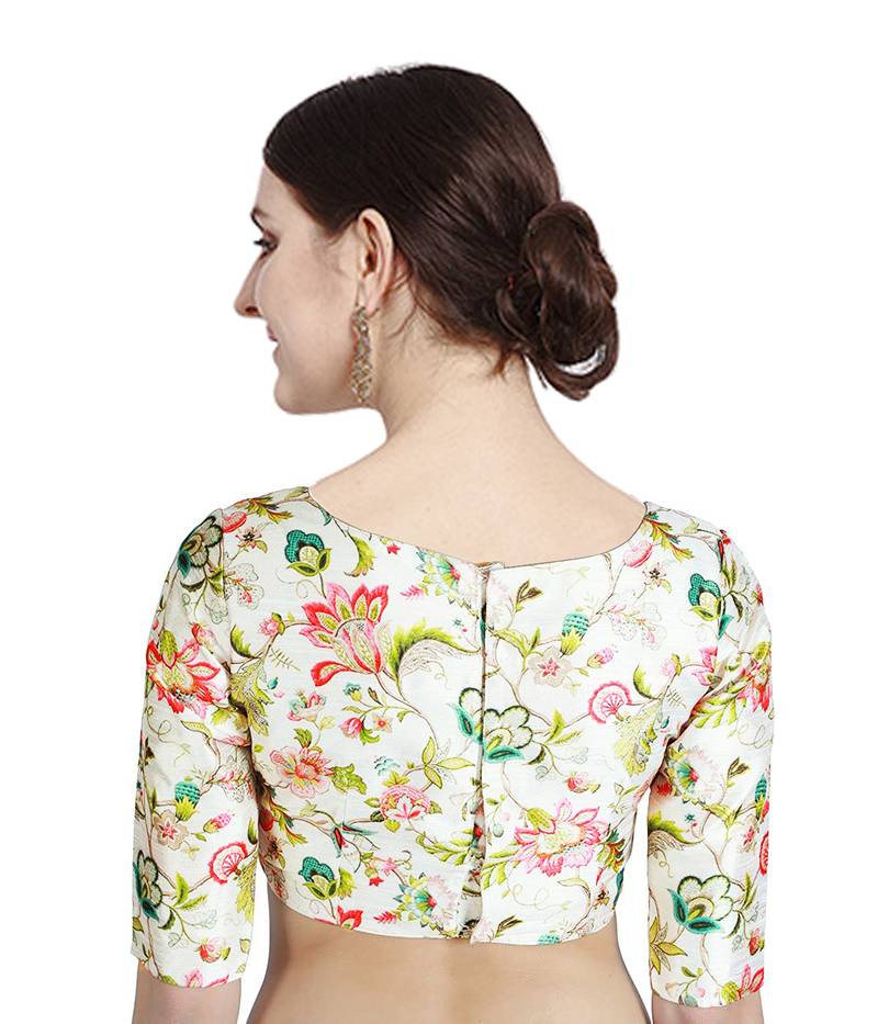 Womens Cotton Silk Cream Color Flower Print  Readymade  Saree Blouse