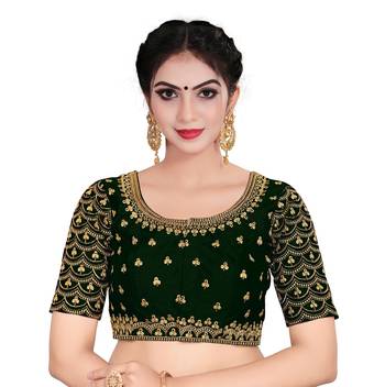 Womens Cotton Silk Green Color Embroidered Work Readymade  Saree Blouse 1