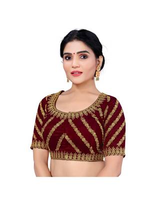 Women's Satin Silk Maroon Color Embroidered Work Satin Silk Readymade Saree Blouse 1