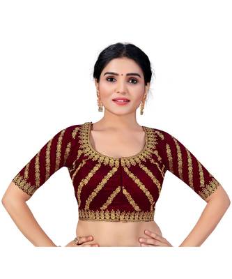 Women's Satin Silk Maroon Color Embroidered Work Satin Silk Readymade Saree Blouse 2