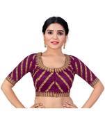 Women's Satin Silk Wine Color Embroidered Work Satin Silk Readymade Saree Blouse