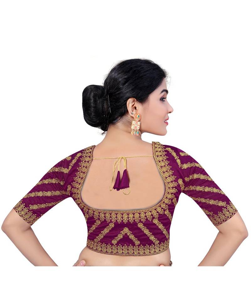 Women's Satin Silk Wine Color Embroidered Work Satin Silk Readymade Saree Blouse