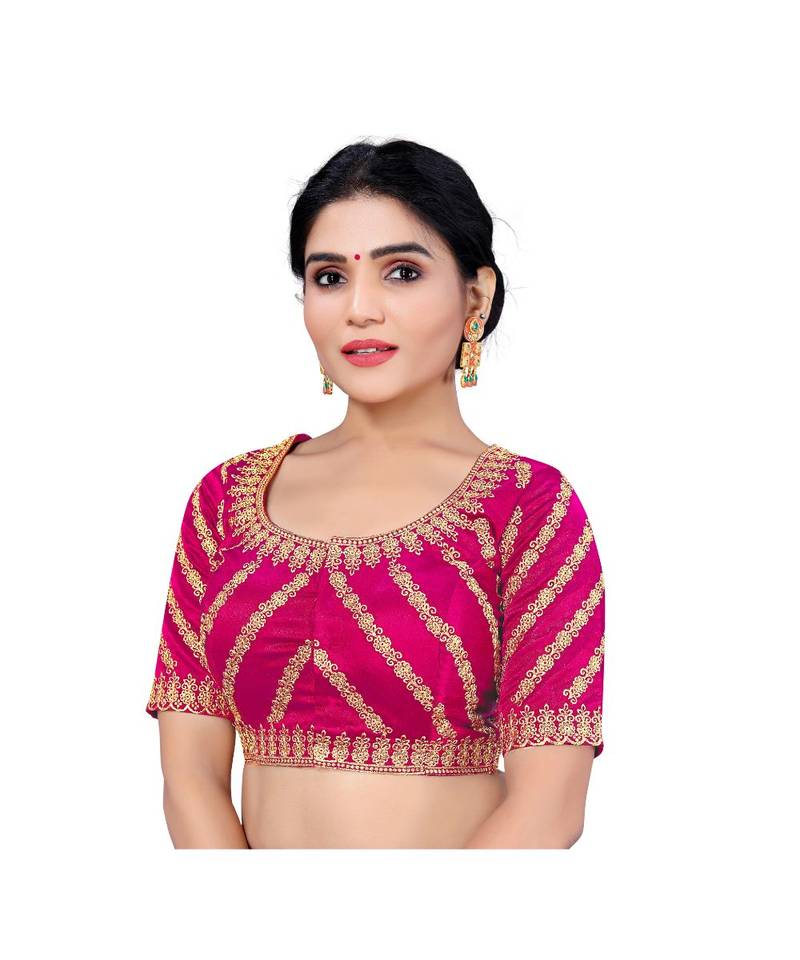 Women's Satin Silk Pink Color Embroidered Work Satin Silk Readymade Saree Blouse
