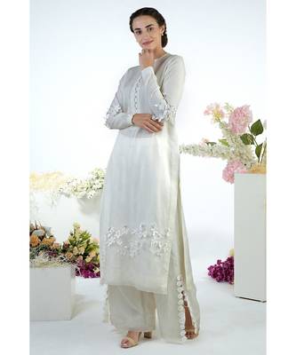 White 3D Floral Hand Embroidered Kurta with slit wide pants 1