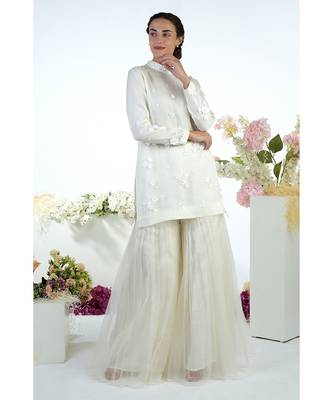 White  3D Floral Hand Embroidered Short Kurta and Gharara Set 5