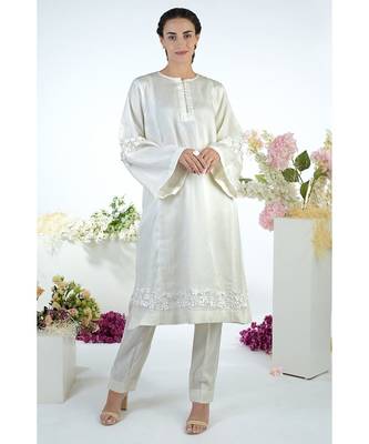 White  3D Floral Hand Embroidered Flared Kurta Set 1