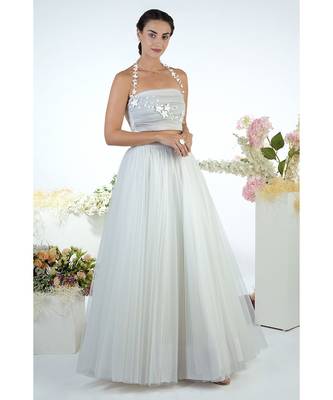 White Tulle Ruched 3D Floral Hand Embroidered Top With Skirt 1