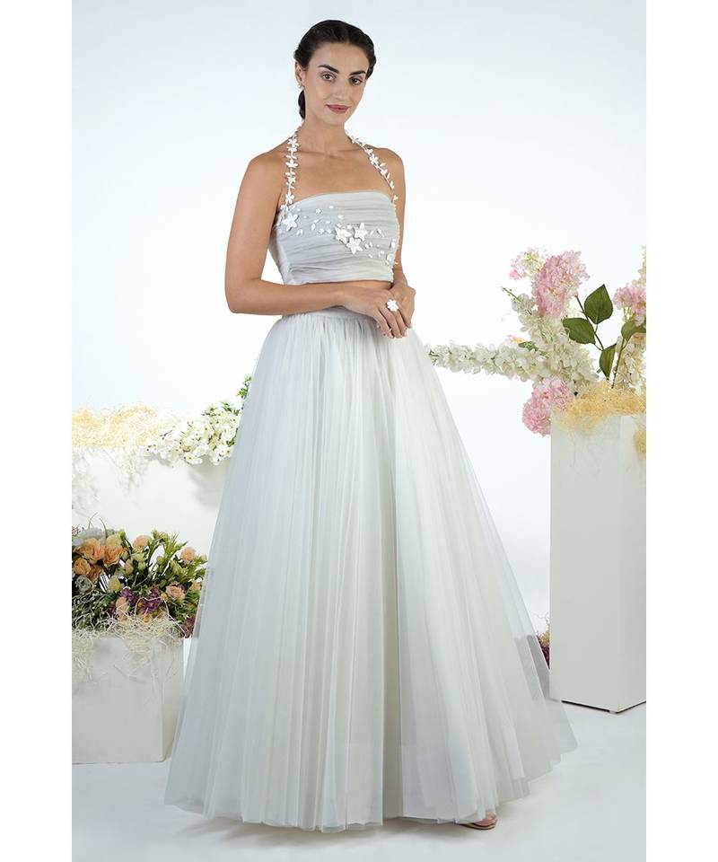 White Tulle Ruched 3D Floral Hand Embroidered Top With Skirt