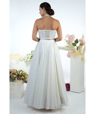 White Tulle Ruched 3D Floral Hand Embroidered Top With Skirt 2