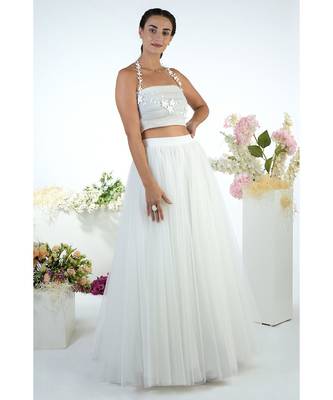 White Tulle Ruched 3D Floral Hand Embroidered Top With Skirt 3