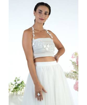 White Tulle Ruched 3D Floral Hand Embroidered Top With Skirt 4