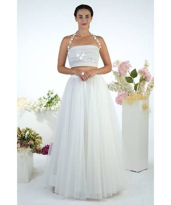 White Tulle Ruched 3D Floral Hand Embroidered Top With Skirt 5