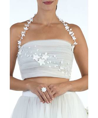 White Tulle Ruched 3D Floral Hand Embroidered Top With Skirt 6