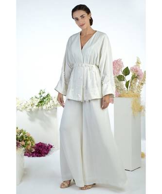 White Kimono 3D Floral Hand Embroidered Jacket Set 1