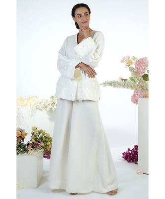 White Kimono 3D Floral Hand Embroidered Jacket Set 3