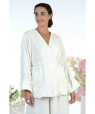 White Kimono 3D Floral Hand Embroidered Jacket Set 4