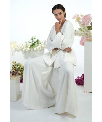 White Kimono 3D Floral Hand Embroidered Jacket Set 5