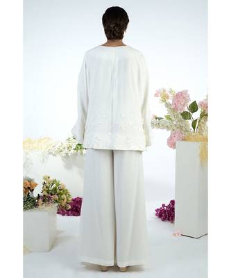 White Kimono 3D Floral Hand Embroidered Jacket Set 6
