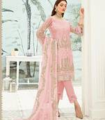 Pink Georgette Straight Embroidered Women Round Neck kurta Pant Dupatta 