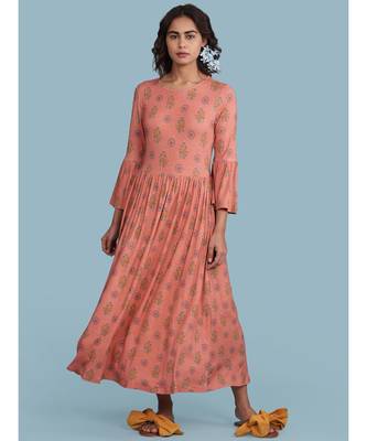 Round_Neck 3/4 Sleeve Printed Long Dress 1