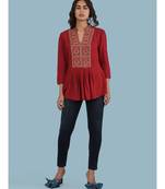 Short Sleeve Round_Neck Printed Top With Gathers At Waist