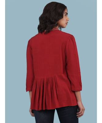 Short Sleeve Round_Neck Printed Top With Gathers At Waist 3