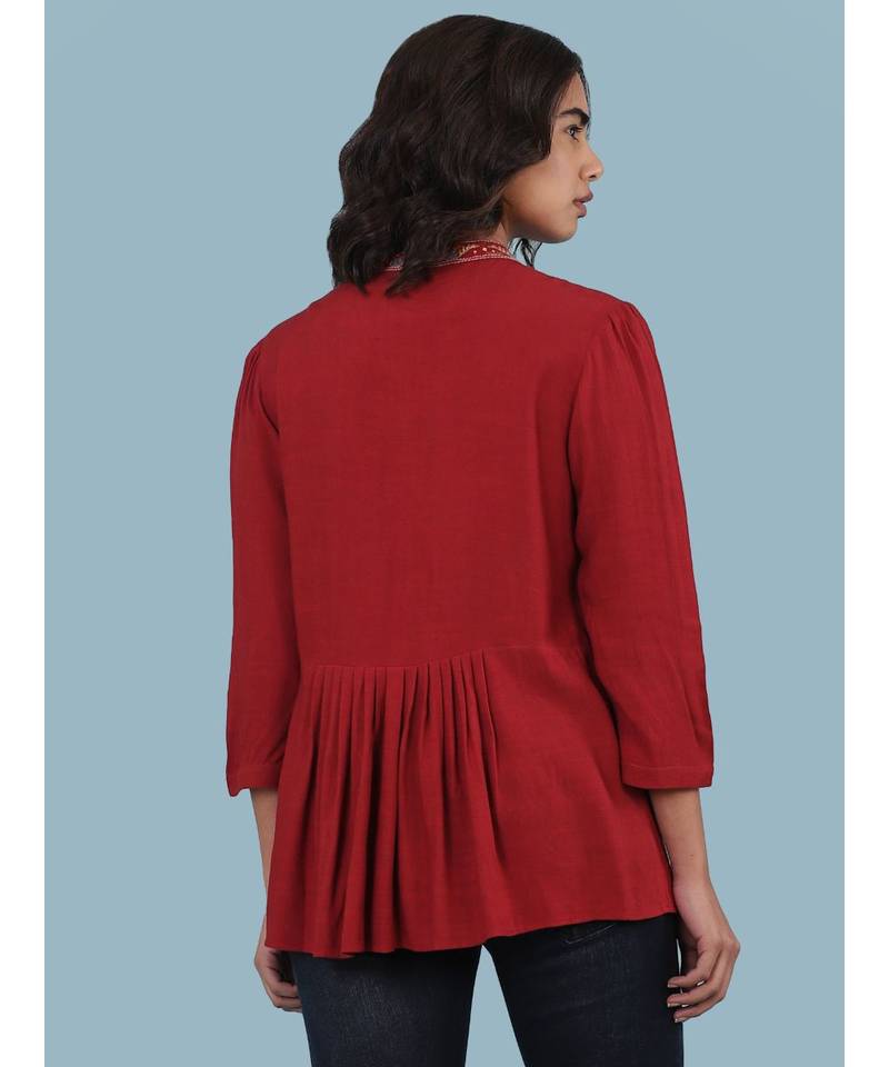 Short Sleeve Round_Neck Printed Top With Gathers At Waist