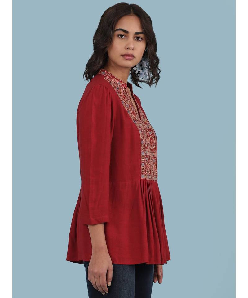 Short Sleeve Round_Neck Printed Top With Gathers At Waist