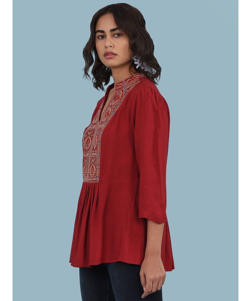 Short Sleeve Round_Neck Printed Top With Gathers At Waist