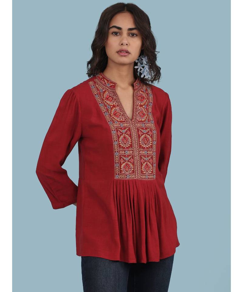 Short Sleeve Round_Neck Printed Top With Gathers At Waist