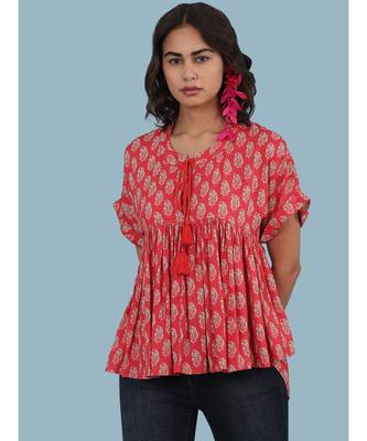 Short Sleeve Round_Neck Printed Top With Gathers At Waist 1