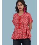 Short Sleeve Round_Neck Printed Top With Gathers At Waist