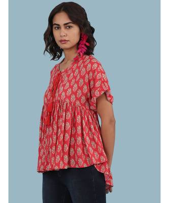 Short Sleeve Round_Neck Printed Top With Gathers At Waist 2