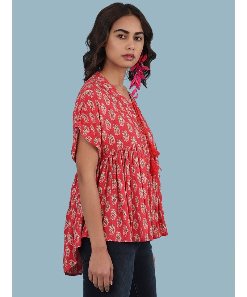 Short Sleeve Round_Neck Printed Top With Gathers At Waist