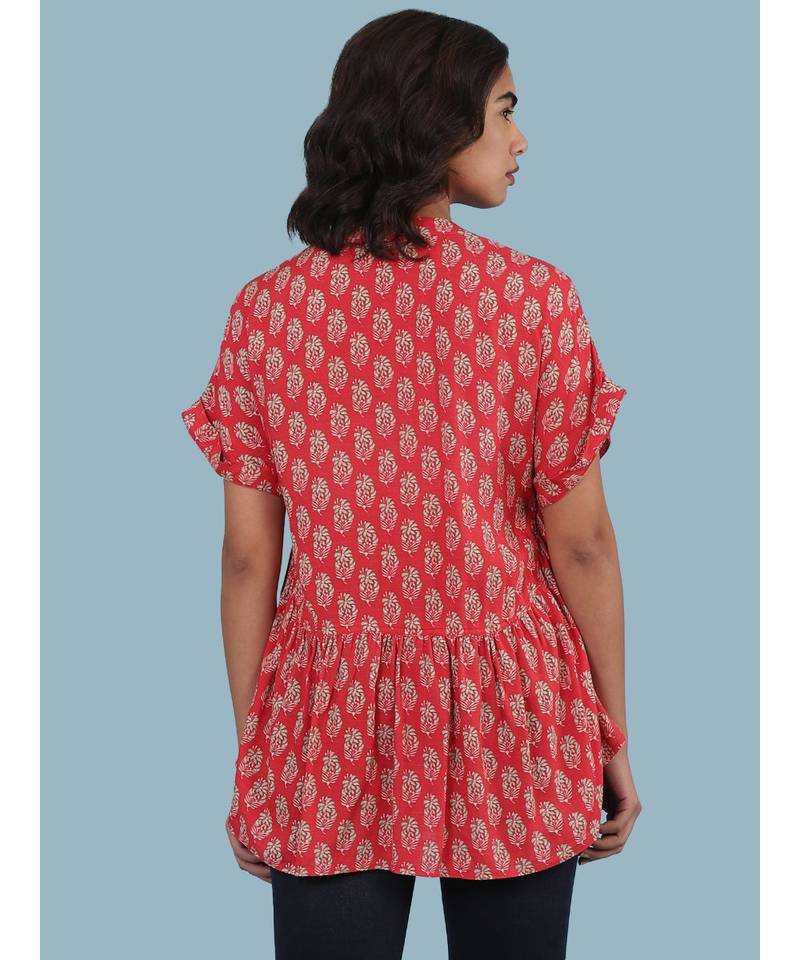 Short Sleeve Round_Neck Printed Top With Gathers At Waist