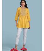 Round_Neck 3/4 Sleeve Kurti Embroidered At Yoke