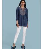 Embroidered Yoke Round_Neck 3/4Th Sleeve Kurti With Gathers At Yoke
