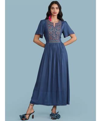 Embroidered Yoke Round_Neck Short Sleeve Long Dress With Gathers At Waist 1