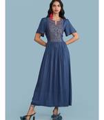 Embroidered Yoke Round_Neck Short Sleeve Long Dress With Gathers At Waist