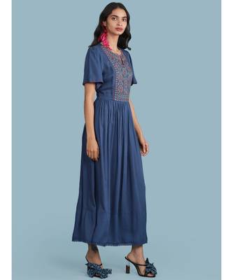 Embroidered Yoke Round_Neck Short Sleeve Long Dress With Gathers At Waist 2