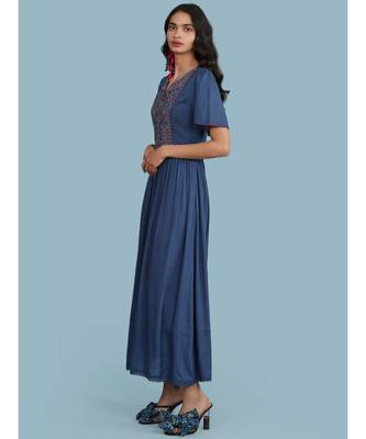 Embroidered Yoke Round_Neck Short Sleeve Long Dress With Gathers At Waist 3