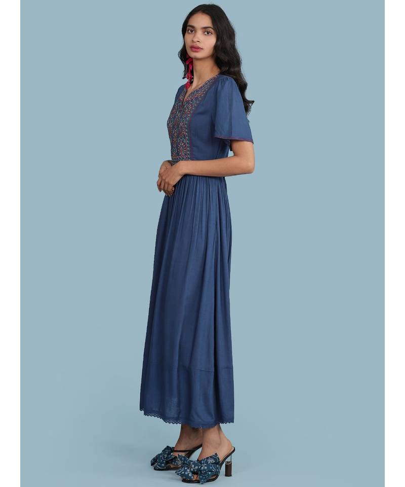 Embroidered Yoke Round_Neck Short Sleeve Long Dress With Gathers At Waist