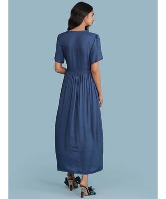 Embroidered Yoke Round_Neck Short Sleeve Long Dress With Gathers At Waist 4